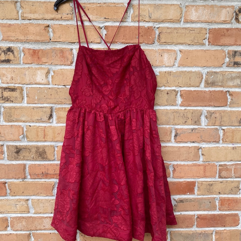 Keepsake Red Floral Spaghetti Strap Cross Back Dress Size M Valentine Day